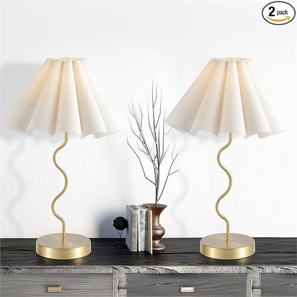 Set of 2 Pleated Table Lamps 17" Bedside Lamps w/ Linen Shade & Charging Base (Gold) - New Sealed