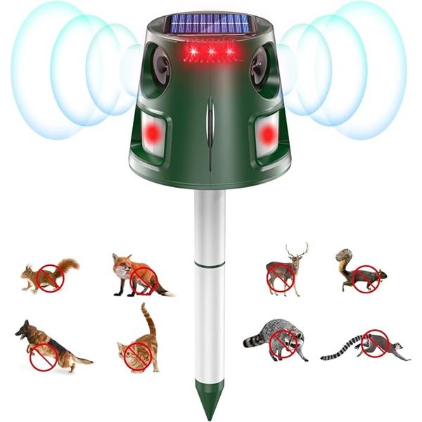 Ultrasonic Solar Powered Animal Repeller/Deterrent Device for Rodents, Raccoons, etc - New