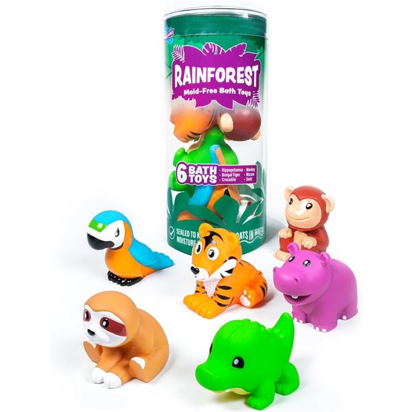 6-Pack Rainforest Animals Mold-Free Bath Toys  (Hippo, Tiger, Monkey, Sloth, etc.) New