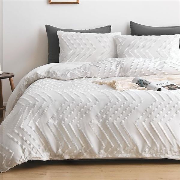King Size 3PC Boho/Tufted Duvet Cover Set (White) Ultra-Soft Duvet Cover Set (104" x 90") New!