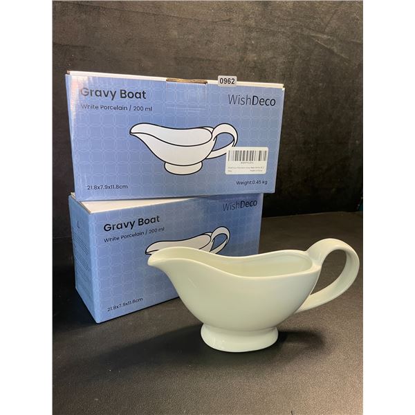Lot of 2 White Porcelain Gravy Boats; 200ml (8oz) Ceramic Gravy Jugs/Sauce Boats with Handle - New