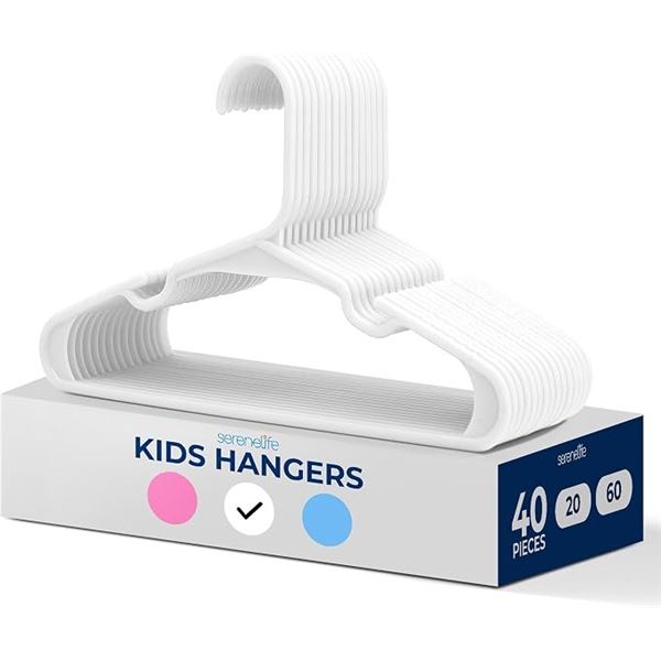 40-Pack Box of Plastic Clothes Hangers for Kids/Children/Baby Clothes (White) - New