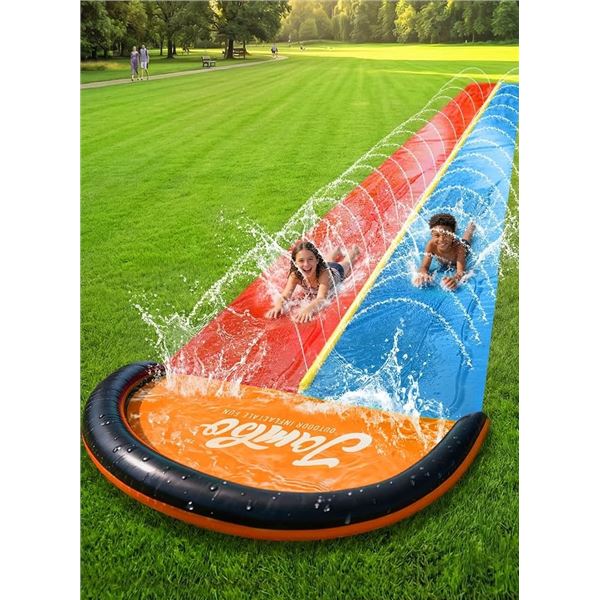 Jambo Premium 24FT Double Slide Slip Splash & Slide Heavy-Duty Water Slide Mat w/ Sprinkler - New!
