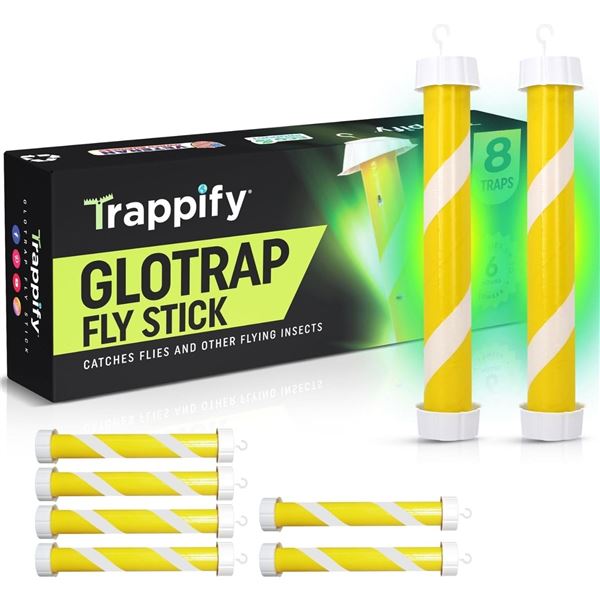 8-Pack Trappifly GloTrap Fly Sticks for Outdoors/Indoors-Sticky Fly/Fruit Fly Glow-In-The-Dark Traps