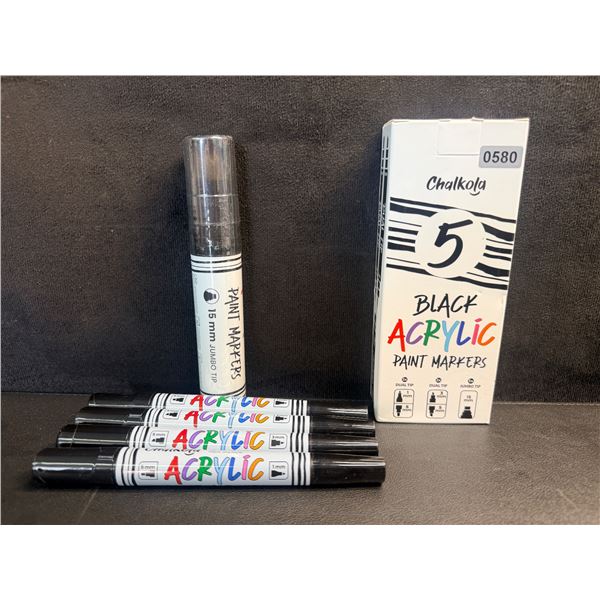 5-Pack Chalkola Black Acrylic Paint Pens/Markers; Dual Tip & Jumbo Tip Pens Included - New!