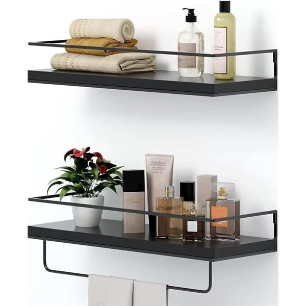 Set of 2 Black Floating Shelves (16" x 6") Wall-Mounted Shelves w/ Towel Rack - Brand New