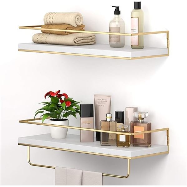 Set of 2 White/Gold Floating Shelves (16" x 6") Wall-Mounted Shelves w/ Towel Rack - Brand New