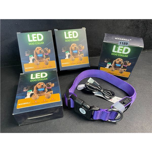4 Masbrill LED Light-Up Dog Collars; Rechargeable/Rainproof Super-Bright Design (Size S) Purple; New