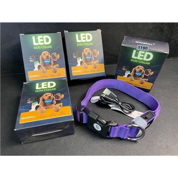 4 Masbrill LED Light-Up Dog Collars; Rechargeable/Rainproof Super-Bright Design (Size S) Purple; New