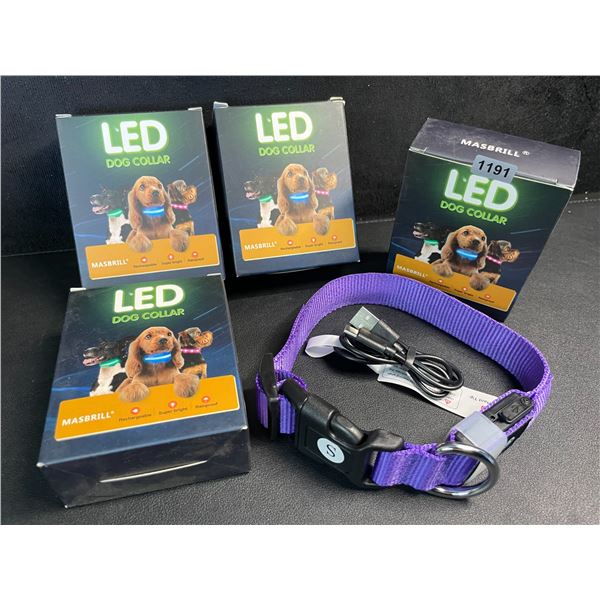 4 Masbrill LED Light-Up Dog Collars; Rechargeable/Rainproof Super-Bright Design (Size S) Purple; New