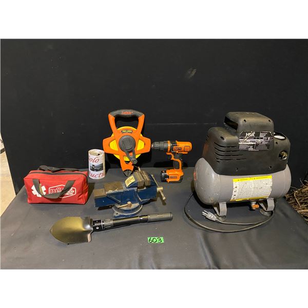 Tool lot with small compressor, bench vice, Black & Decker cordless drill and more