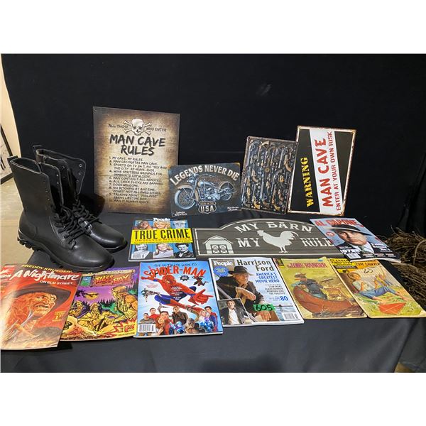 magazines, comic books, wall art and boots