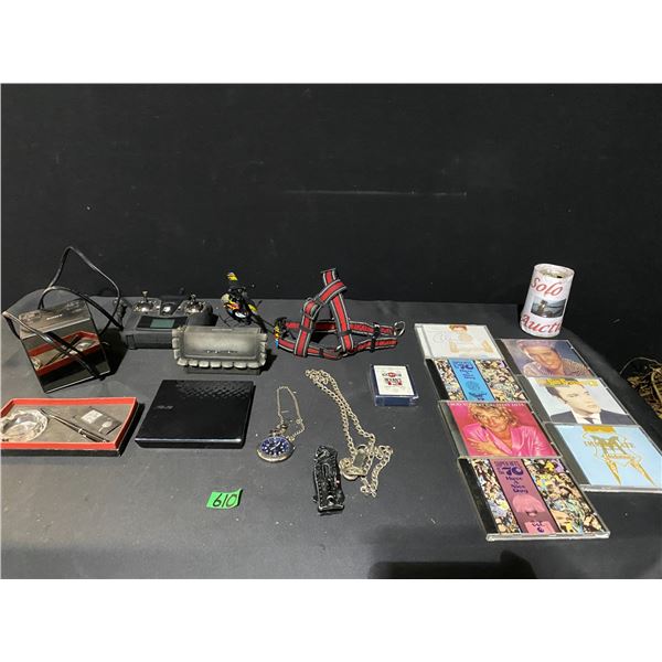 Assorted lot with 7 music CDs, pocket watch, desk set, remote control helicopter, small dog harness 