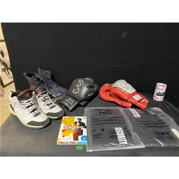 Assorted lot with 2 sets of boxing gloves, shoes and boots size 10, Tom Jones DVD, security t-shirts