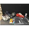 Image 1 : Assorted lot with 2 sets of boxing gloves, shoes and boots size 10, Tom Jones DVD, security t-shirts