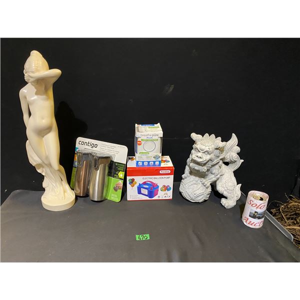 Assorted lot with home décor items, Contigo thermos coffee travel mugs, electric balloon pump and mo