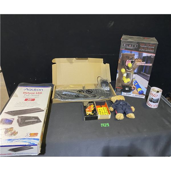 Assorted lot with 20" aquarium LED hood, Feed the Bear target game, new mouse and keyboard set and m
