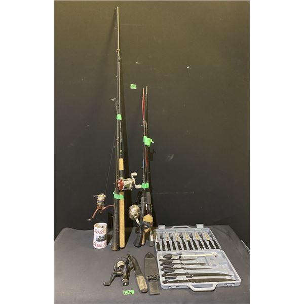Fishing poles with reels, hunting knifes and set of steak and carving knifes