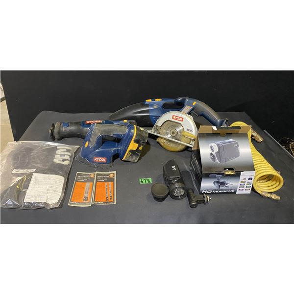 Ryobi cordless tools, video camera, jigsaw blades and more