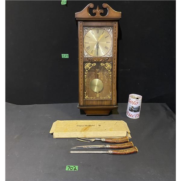 Wall clock and knife carving set by Crown Sheffield