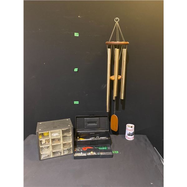 2 small tool boxes filled with assorted nails/screws and hand tools, wind chime