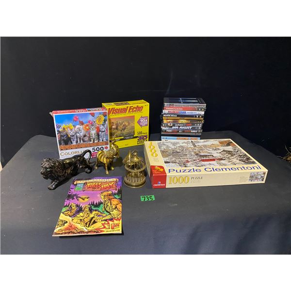 Lot of puzzles, home décor items and DVD movies