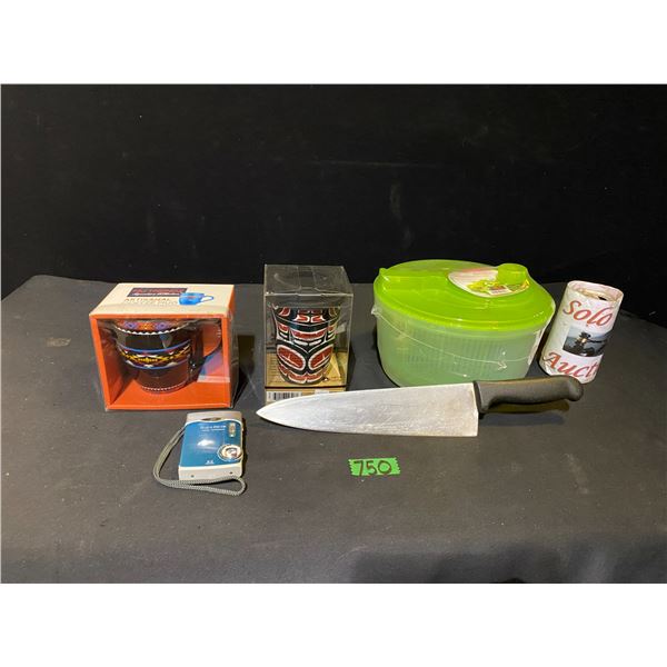 Coffee mugs, carving knife, digital camera and more