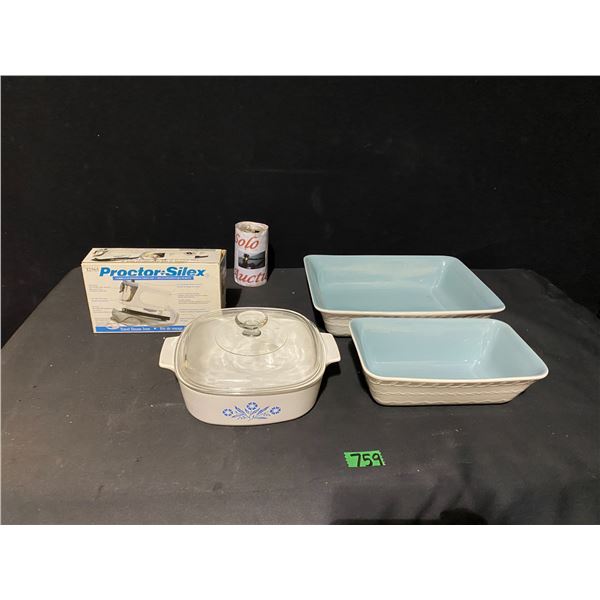 Proctor Silex travel iron, Corningware casserole dish and 2 un-covered casserole dishes