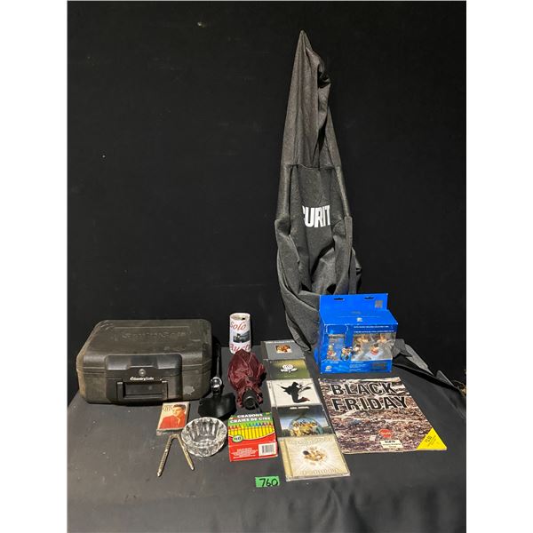 Assorted lot with music CDs, Security hoodie, safe and more