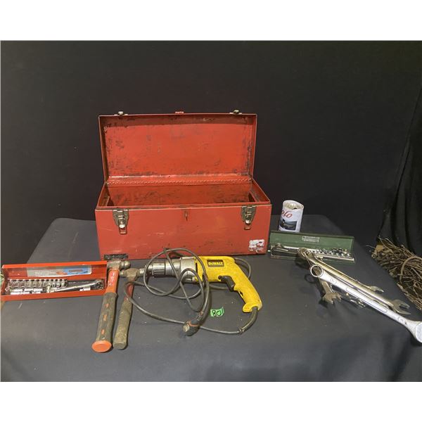 Metal tool box with DeWalt electric drill and assorted hand tools