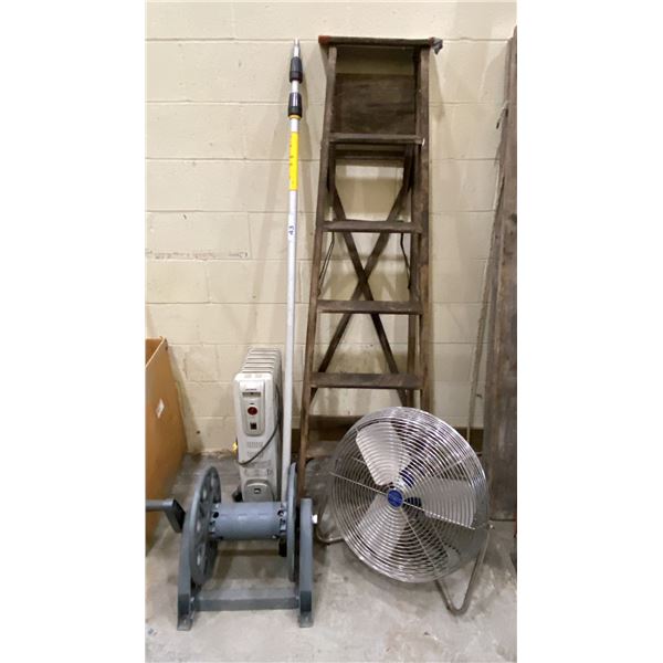 NOMA OIL HEATER, PLASTIC HOSE REEL, PATTON METAL FAN & WOODEN 6' LADDER