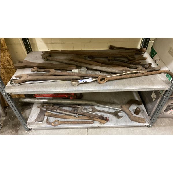 GROUP OF ASSORTED LARGE VINTAGE WRENCHES & OTHER TOOLS