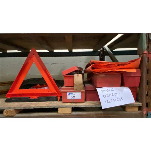 GROUP OF TRAFFIC CONTROL TREE FLAGS & REFLECTIVE ROADSIDE TRIANGLES