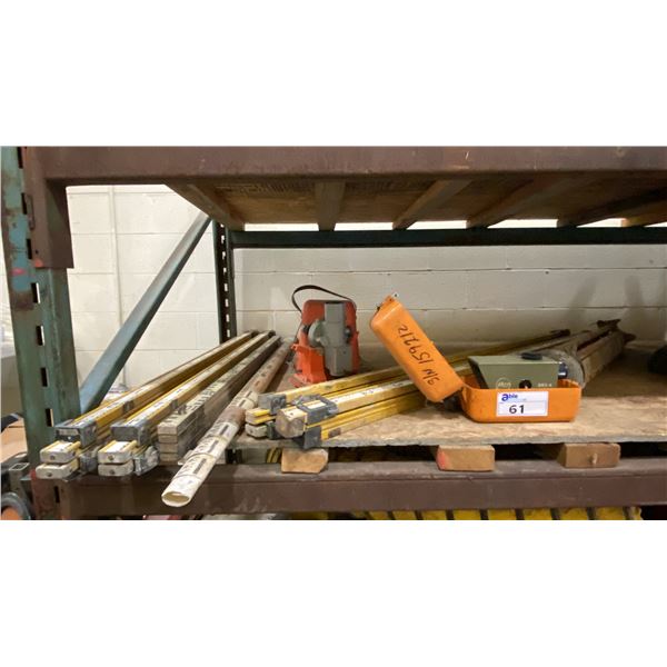 GROUP OF VINTAGE SURVEYOR ITEMS- TRIPOD, SOKKISHA & KERN GKO-A LEVELS & ASSORTED MEASURING STICKS