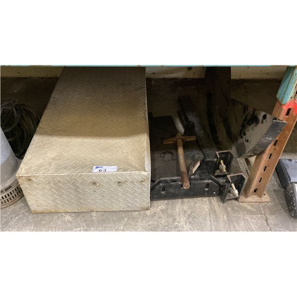 CHECKER PLATED ALUMINUM SERVICE/TOOL CHEST APPROX 48"L X 21"D X 10"H WITH METAL MOUNTING BRACKETS