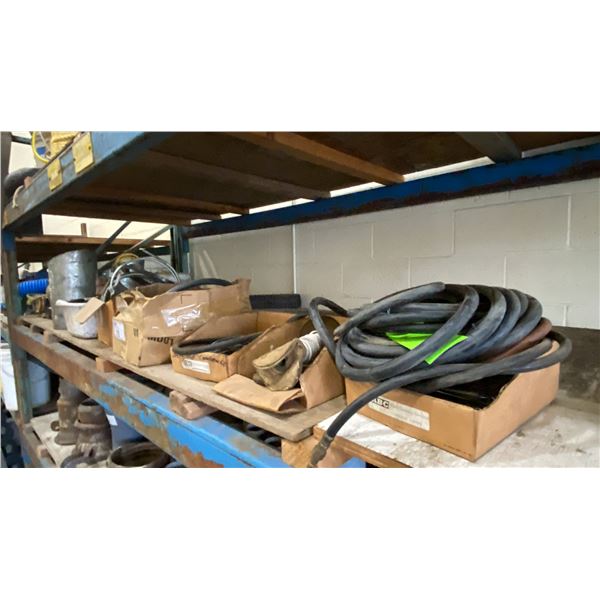 SHELF OF ASSORTED PIPE CLEANING ITEMS- GRIT PATCHERS, HOSE, BRACKETS & O-RINGS
