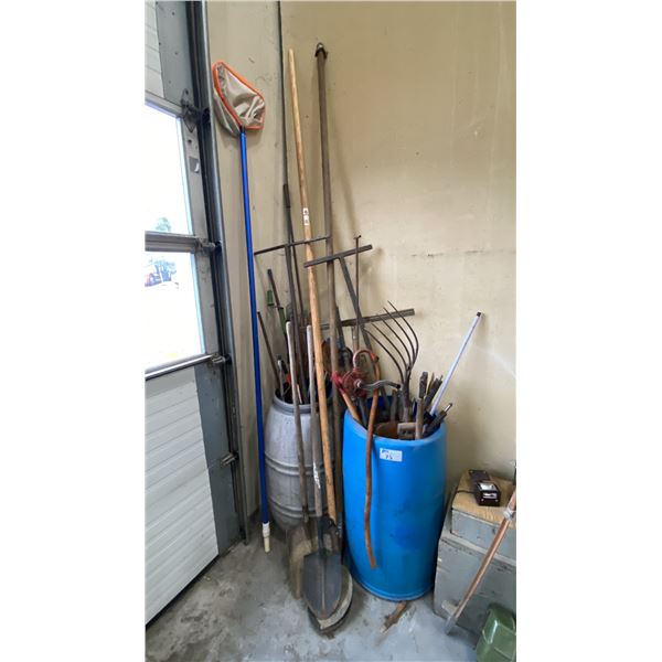 2 BARRELS OF ASSORTED SHOVELS, PRESSURE WASHER WANDS, GOON SPOONS, HAND CRANK PUMP, DIP NET, WEED