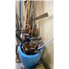 Image 4 : 2 BARRELS OF ASSORTED SHOVELS, PRESSURE WASHER WANDS, GOON SPOONS, HAND CRANK PUMP, DIP NET, WEED