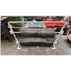 Image 1 : WHITE DUAL ROLL MATERIAL STAND WITH A PARTIAL ROLL OF LUMBER WRAP & LARGE ROLL OF BLACK POLY WRAP