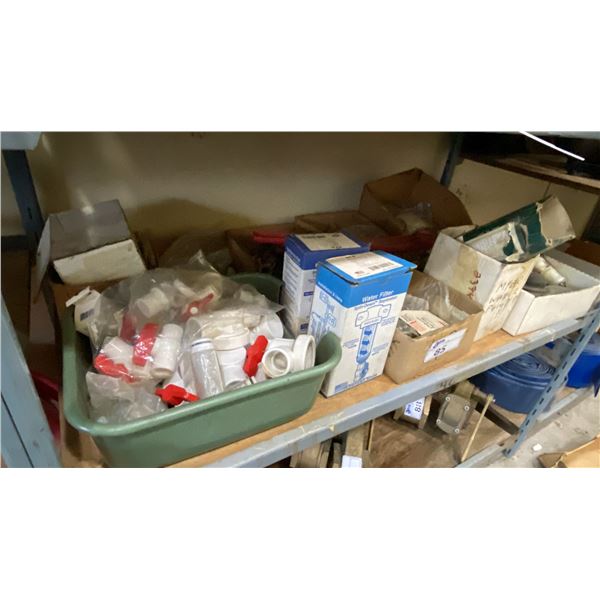 SHELF OF ASSORTED WATER FILTERS, PUMP PARTS & HARDWARE