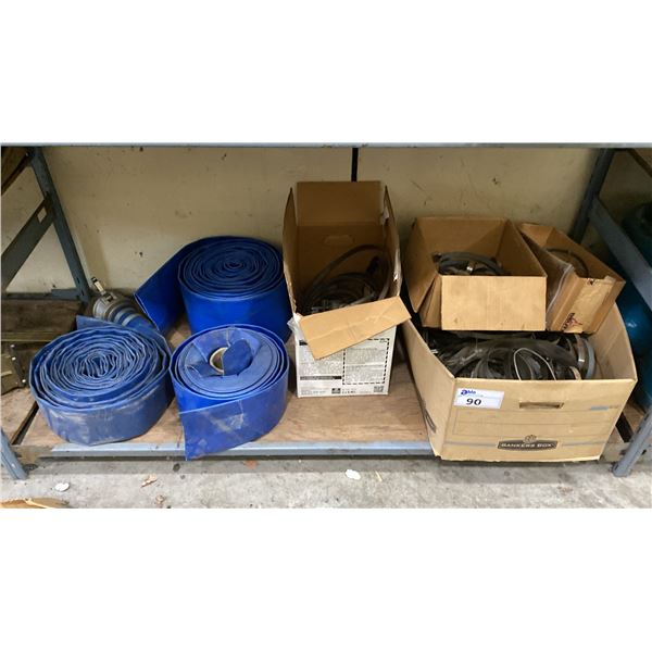 SHELF OF ASSORTED HEAVY DUTY LAY FLAT  WATER HOSE & HOSE/GEAR CLAMPS