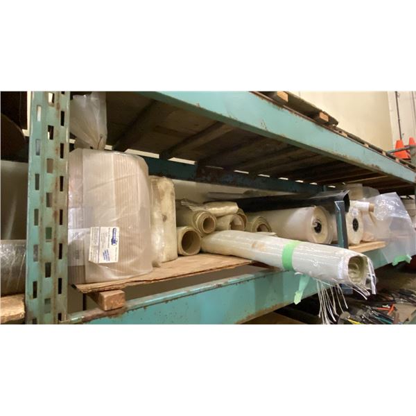 SHELF FULL OF ASSORTED ROLLS OF POLY & FIBERGLASS PIPE LINER