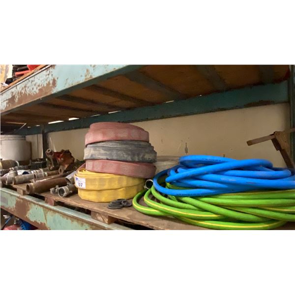 SHELF OF ASSORTED WATERMAIN TESTING EQUIPMENT- WATER HOSE, FIREHOSE, COUPLINGS, SHUT OFF VALVES,