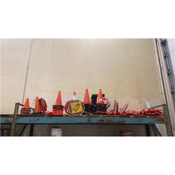 SHELF OF ASSORTED TRAFFIC CONTROL ITEMS- DELINEATORS, TRAFFIC CONES & HAND SIGNS