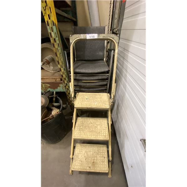 STACK OF GREY PADDED OFFICE CHAIRS & LITTLE GIANT PORTABLE STEP STOOL