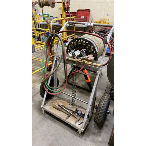 WELDERS MOBILE DOLLY WITH OXY-ACETYLENE HOSE, TORCH, GOGGLES, HAND TOOLS & REGULATORS