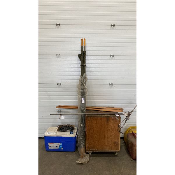 VINTAGE ARMY STRETCHER, LOWRANCE EAGLE Z-6000 FISH FINDER, 2 ROD HOLDERS, COLEMAN COOLER, 2 WOODEN