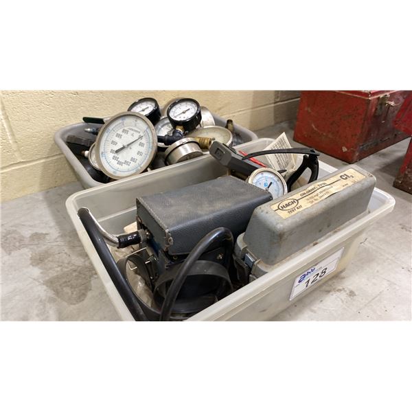 2 BINS OF ASSORTED REGULATORS, GAUGES, GASTEC COMBUSTIBLE GAS DETECTOR, THERMOMETER & MORE
