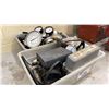 Image 1 : 2 BINS OF ASSORTED REGULATORS, GAUGES, GASTEC COMBUSTIBLE GAS DETECTOR, THERMOMETER & MORE