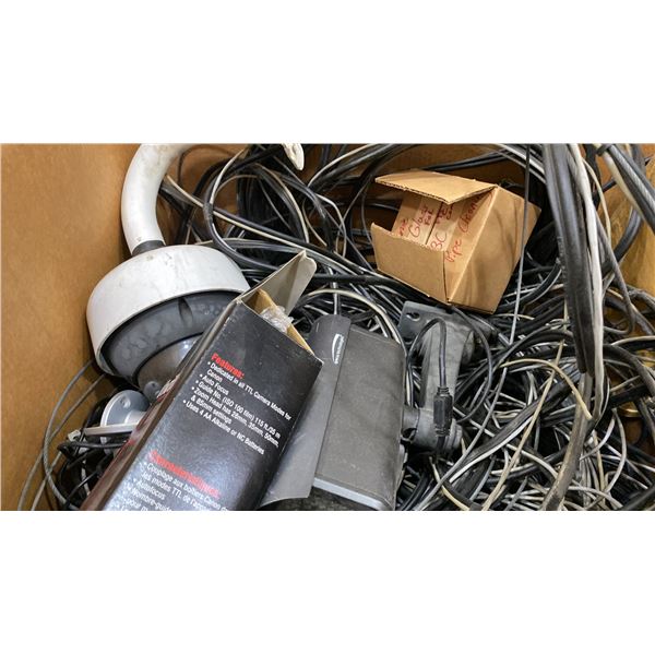 BOX WITH ASSORTED SURVEILLANCE CAMERAS, VIVITAR 730AFC ELECTRONIC FLASH & ASSORTED CORDS